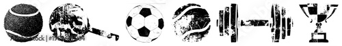 Retro distressed sports symbols including tennis, soccer, weightlifting, and cooking pan, gritty halftone style, athletic and culinary.