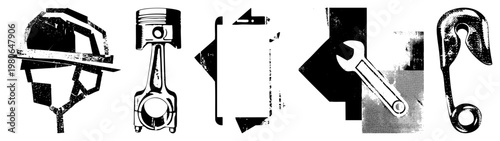 Set of mechanical symbols including hard hat, piston, bracket, wrench, and hook industrial design, engineering tools, machinery, technical illustration, mechanical components.