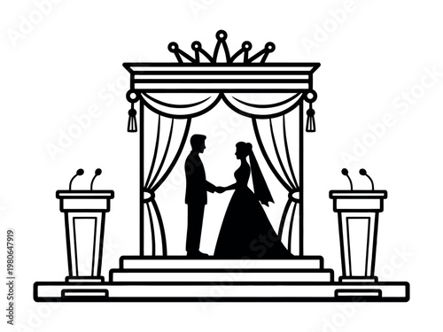 Couple getting married under wedding arch with decorative drapes couple silhouette wedding day holding hands marriage ceremony curtains silhouette celebration microphone platform