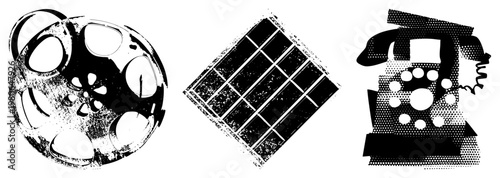 Film reel, solar panel, rotary telephone, analog tech, retro gadgets, vintage communication, nostalgic electronics, black and white vector.