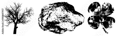 Silhouetted leafless tree, halftone textured rock, distressed four leaf clover all isolated vector elements for design use. Synonyms barren tree, stone boulder, lucky clover.