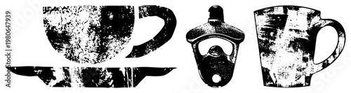 Retro coffee cup with saucer, bottle opener tool, textured mug, distressed black and white graphic, isolated vector, halftone effect.