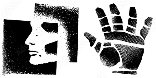 Black and white halftone portrait profile and hand cutout, graphic design elements, vector art, textured dots, isolated foreground, print style, stencil effect.