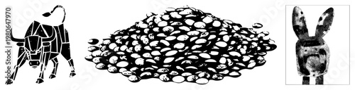 Bull silhouette with geometric shapes, pile of coins with halftone texture, head in dot, vector graphics, financial symbols, isolated.