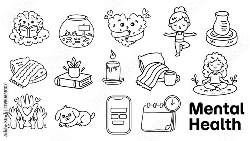 Mental health wellness stickers with diverse activities for mind and body care
