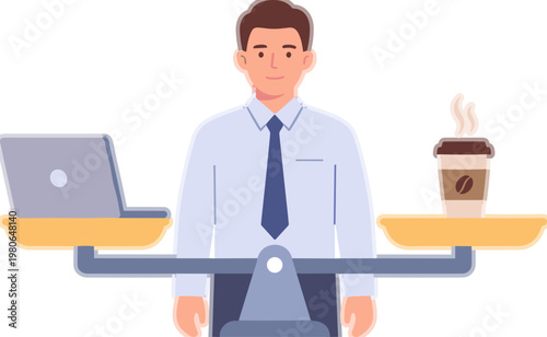 Businessman balancing laptop and coffee on a seesaw