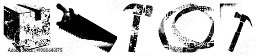 Weathered black and white tool with gritty texture, carpenter essentials, DIY workshop symbols, halftone distressed graphic.