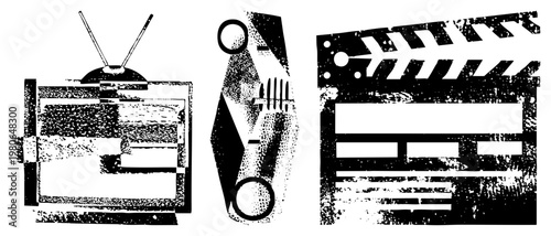 Retro, film reel, and clapperboard rendered in halftone texture, stylized for production, cinema, and broadcasting themes.