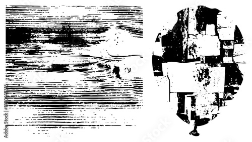 Black and white halftone graphic featuring a fragmented human figure, abstract shapes, textured, and bold contrast, ideal for modern design or use.