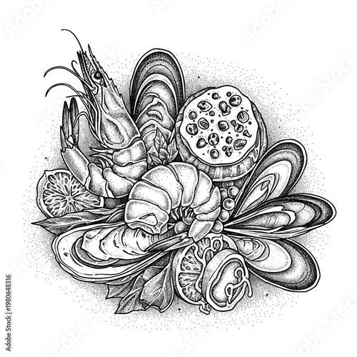 Elegant Illustration of Fresh Seafood with Vegetables and Lemon for Market or Menu Design