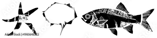 Black and white woodcut illustrations of marine life, including starfish, fish, and sunfish, with distressed texture, artistic printmaking style, isolated vector graphics.