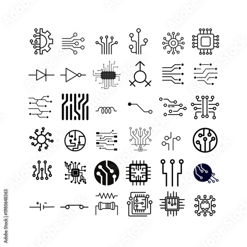 Electronic circuit icons depict a wide variety of essential hardware components used in modern digital technology engineering and design processes to represent complex microchip systems along with int
