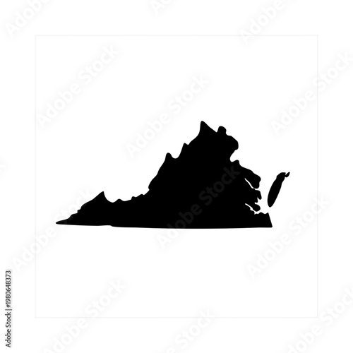 Black silhouette of the state of Virginia is a precise geographical illustration representing its distinct shape and borders within the United States. This detailed graphic is isolated on a white back