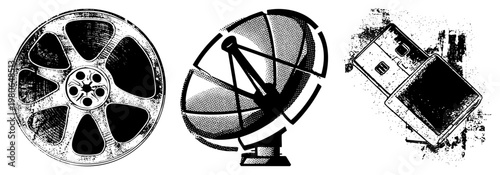 Vintage film reel, satellite dish, USB flash drive, retro tech, black and white halftone, vector illustration, digital and analog symbols.