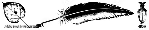 Elegant quill pen with feathered tip, stylized leaf with vein detail, antique urn vase, vector design, writer’s tools, literary, classic illustration.