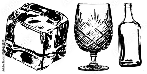 Illustrated ice cube, cut crystal glass, and empty bottle, classic barware, vector art, drink serving items, tools.