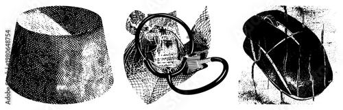 Dot cylindrical shape, stethoscope with skull motif, curved segmented object all rendered in halftone style, vector art with isolated foreground.