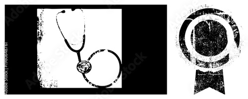 Stethoscope graphic with grunge texture, medical diagnostic tool, healthcare symbol, award ribbon badge, vintage medical, distressed vector design.