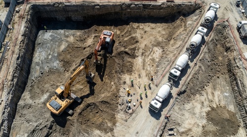 Aerial View of Construction Site with Excavators and Concrete Mixer Trucks