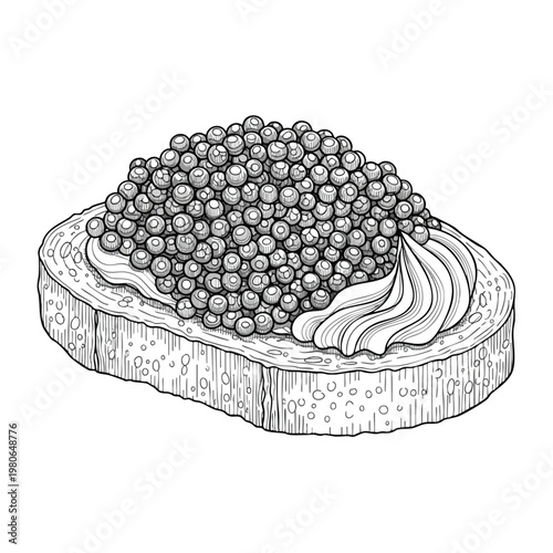 Detailed Black and White Illustration of Classic Caviar Served with Cream on a Rustic Plate