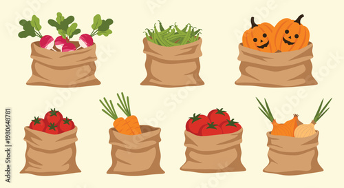 Assorted brown burlap sacks overflowing with fresh harvested vegetables like pumpkins, tomatoes, carrots, onions, and radishes.