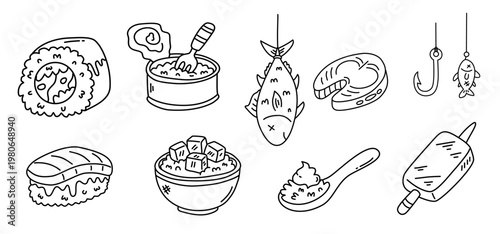 delicious japanese sushi and fresh fish preparation icons hand drawn style set