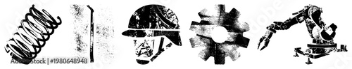 Spring, wrench, helmet, gear, robotic arm industrial tools and machinery rendered in bold black vector graphics. Engineering equipment, mechanical, factory tools, automation systems.