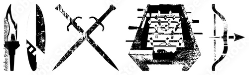 Black and white vector of torch, sword, foosball table, bow and arrow. Retro distressed style. Gaming,, combat, recreation symbols.