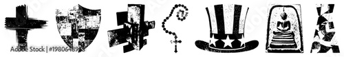 Graphic symbols including, shield, medical emblem, rosary, Uncle Sam hat, Buddha statue, and abstract mosaic, rendered in distressed black and white vector art.