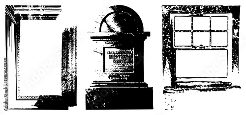 Classic doorframe with ornate molding, historic tombstone with inscription, grid style window with weathered frame all rendered in high contrast halftone vector style.