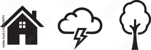 Weather icons, house, storm cloud, tree, black line art symbols, simple illustrations, weather forecast graphics