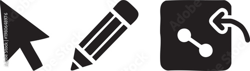 Black and white cursor, pencil, and link icons, vector graphics, web design elements, UI symbols