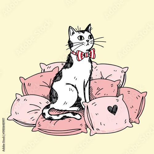 Adorable Cat Sitting on Soft Cushions with Favorite Toy in Cozy Home Setting