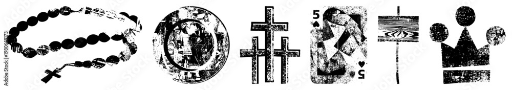 Obraz premium Distressed religious, playing card suits, rosary beads, crown, motifs stylized with gritty texture,, vector art, isolated elements.
