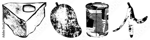 Vector illustrations of cake slice, mango, canned food, banana peel, halftone texture, food graphics, isolated cutout, rgba background.