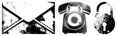 Retro mail, phone, padlock gritty halftone. For digital/print. Synonyms message, secure, classic tech.