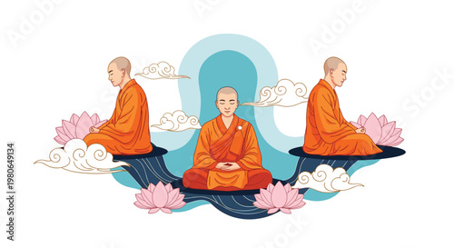 Three Buddhist monks in orange robes sitting in a lotus position and meditating peacefully while surrounded by pink flowers and clouds.