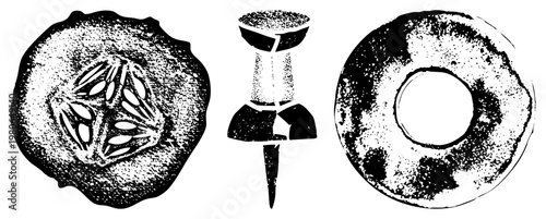 Retro wooden pinwheel toy with seed like, circular ring shape, halftone texture, child’s plaything, antique craft, nostalgic toy.