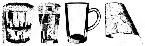 Set of stylized drinking vessels rendered in halftone dot, including mugs and tumblers with textured surfaces, isolated vector graphics for design use.