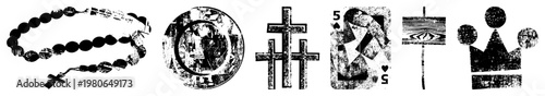 Distressed religious, playing card suits, rosary beads, crown, motifs stylized with gritty texture,, vector art, isolated elements.