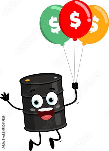 Happy Oil Barrel Cartoon Character Flying With Dollar Balloons And Waving – Vector Illustration Flat Design Isolated On Transparent Background