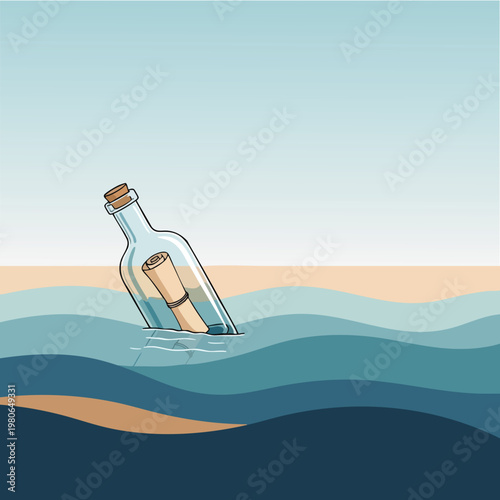 Selective Focus of a Glass Bottle Half Submerged in Calm Water