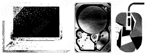 Retro styled computer rendered in halftone dots, vector graphic, tech, digital age nostalgia, isolated tech components.
