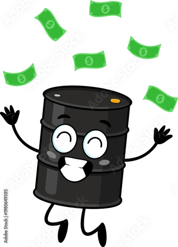 Happy Oil Barrel Cartoon Character With Flying Money Cash – Vector Illustration Flat Design Isolated On Transparent Background
