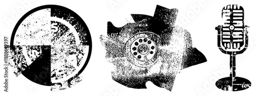 Classic microphone with grille, rotary dial telephone, circular clock face with numbers, halftone texture, black and white vector illustrations.