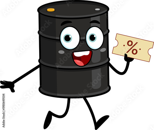 Oil Barrel Cartoon Character Walking With Discount Percent Sign – Vector Illustration Flat Design Isolated On Transparent Background