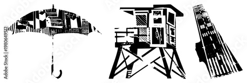 Abstract cityscape rendered as umbrella canopy, lifeguard tower, and skyscraper shapes, halftone texture, urban motif, vector graphic, black and white, isolated design.