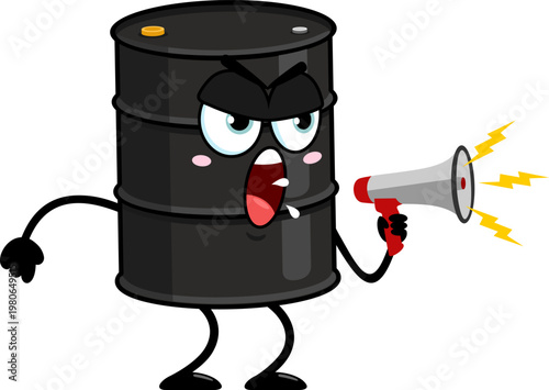 Angry Oil Barrel Cartoon Character Shouting With Megaphone – Vector Illustration Flat Design Isolated On Transparent Background