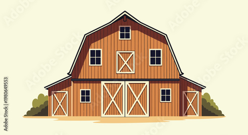 Large rustic wooden barn structure with multiple doors and windows standing in a rural farm field under a pale sky during daylight hours.