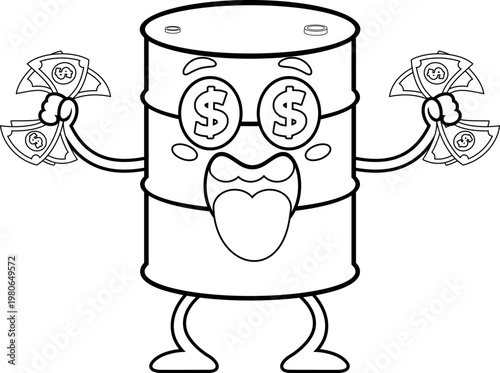 Black and White Oil Barrel Cartoon Character Holding Money With Dollar Eyes – Vector Hand Drawn Illustration Isolated On Transparent Background